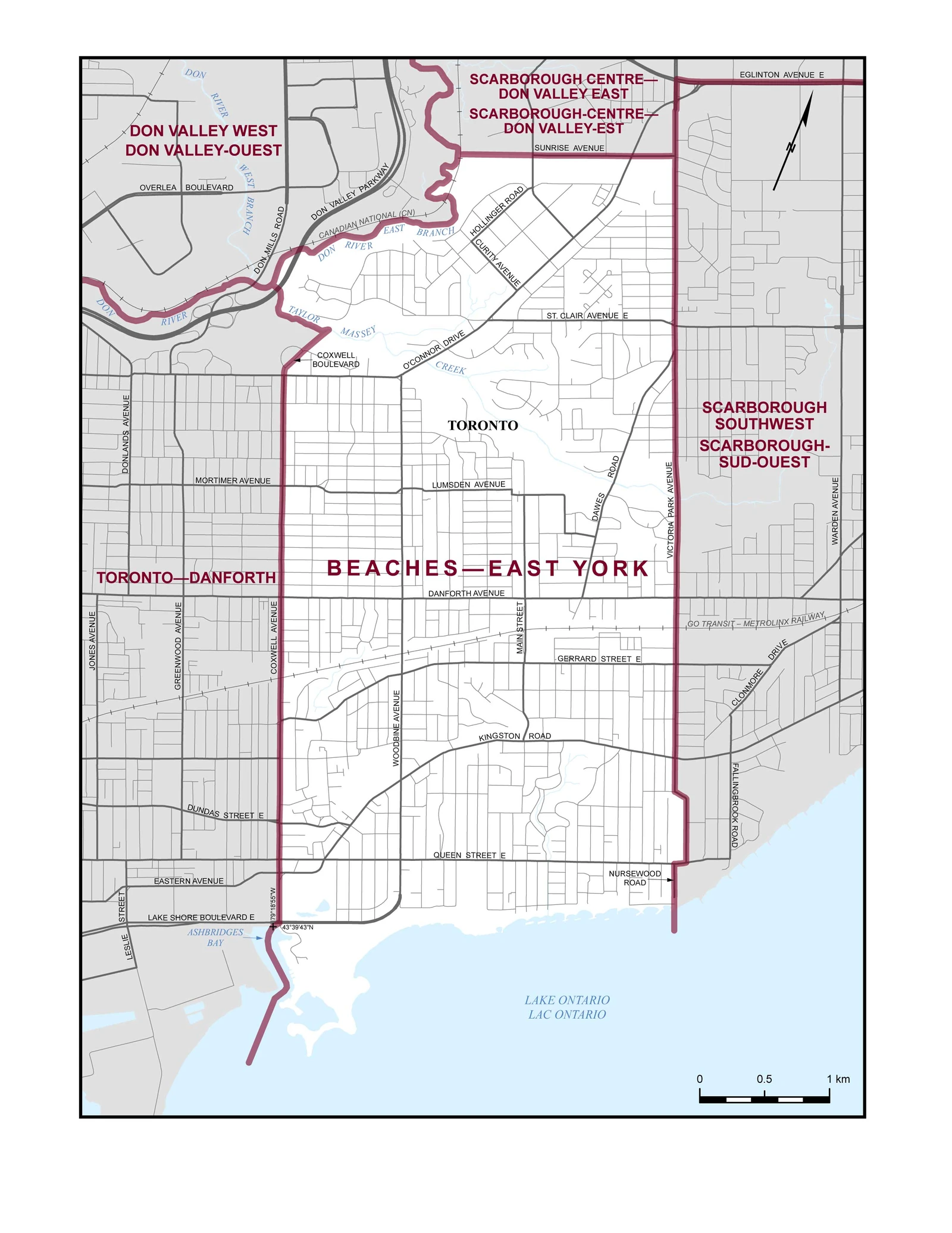 Official Elections Canada map of the Beaches–East York federal electoral district, showing the riding boundary and neighbouring districts.